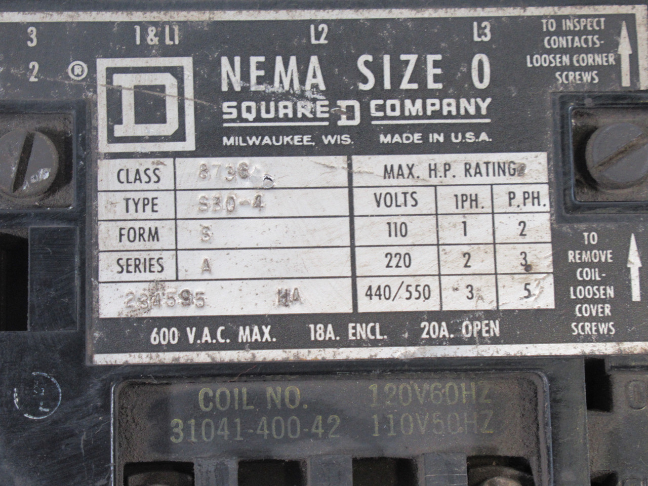 Square D 8736-SBO4 Reversing Starter Ser.A 1Ph 440/550V@3HP USED