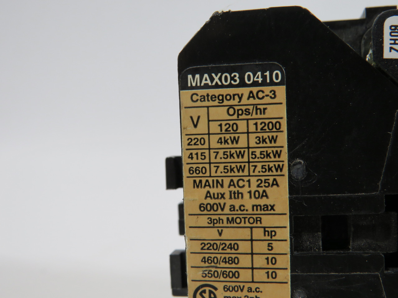 MTE MAX03-0410 Contactor 550/600v 60Hz USED
