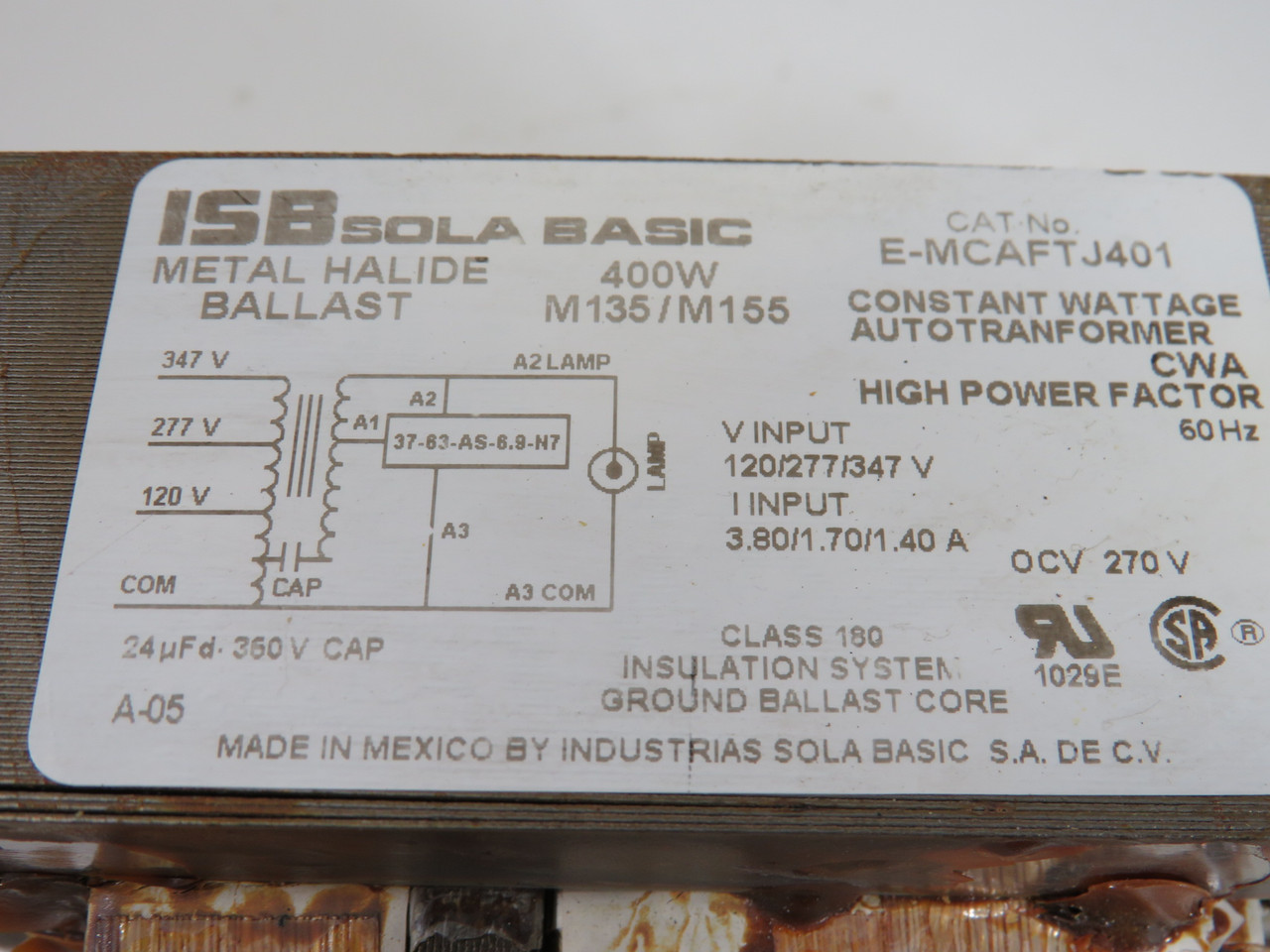 ISB Sola E-MCAFTJ401 Metal Halide Ballast 120/277/347V w/ Cap. & Ignitor USED