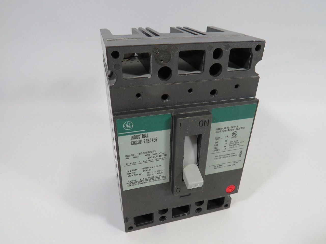 General Electric TED136020WL Industrial Circuit Breaker 20A 600V 3P USED