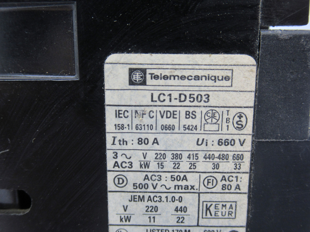 Telemecanique LC1-D503-110V Contactor 80A 110V@50/60Hz USED