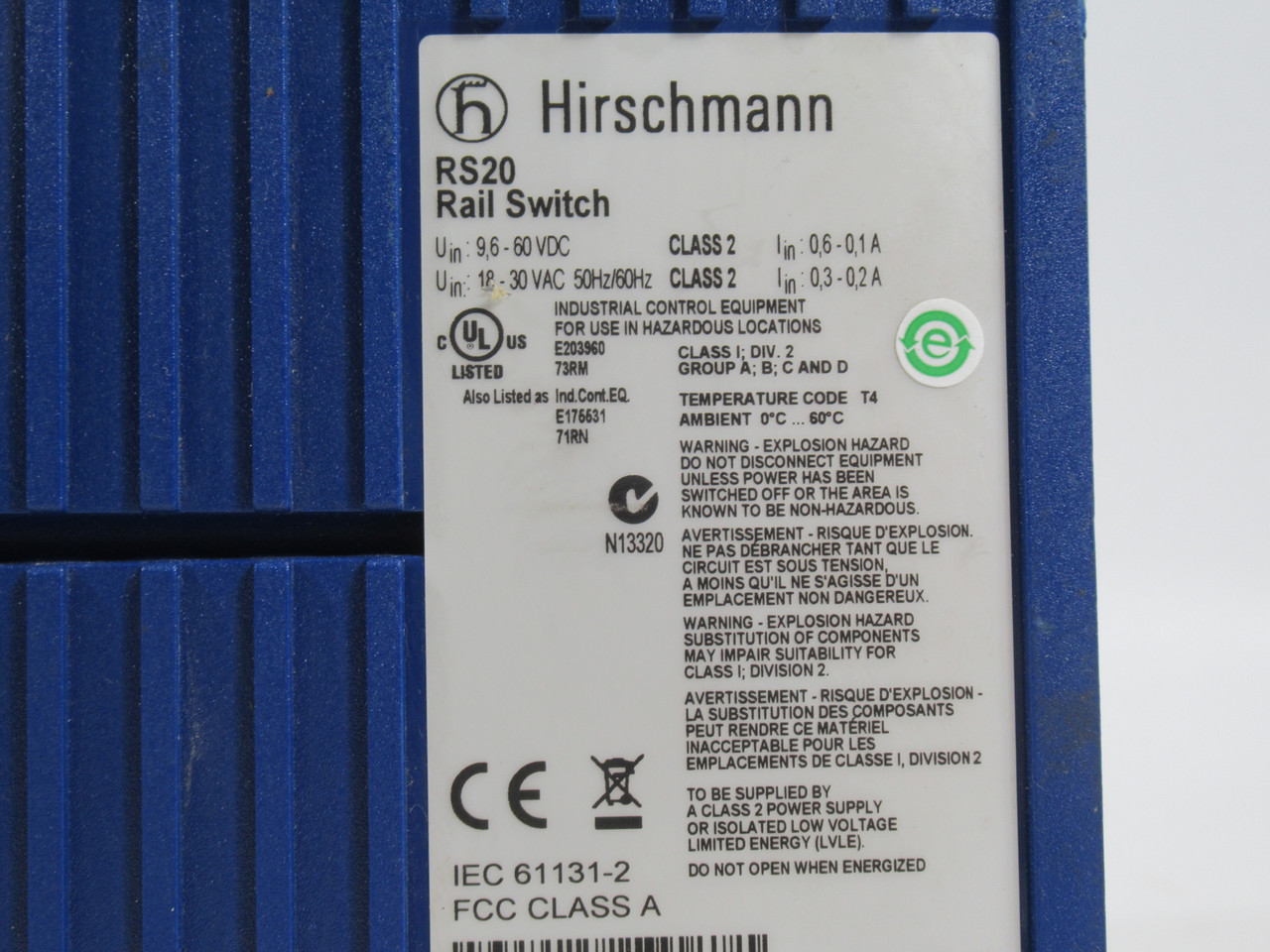 Hirschmann RS20-0800T1T1SDAEHH04.1.01 Rail Switch 8Port 18-30VAC 50/60Hz USED