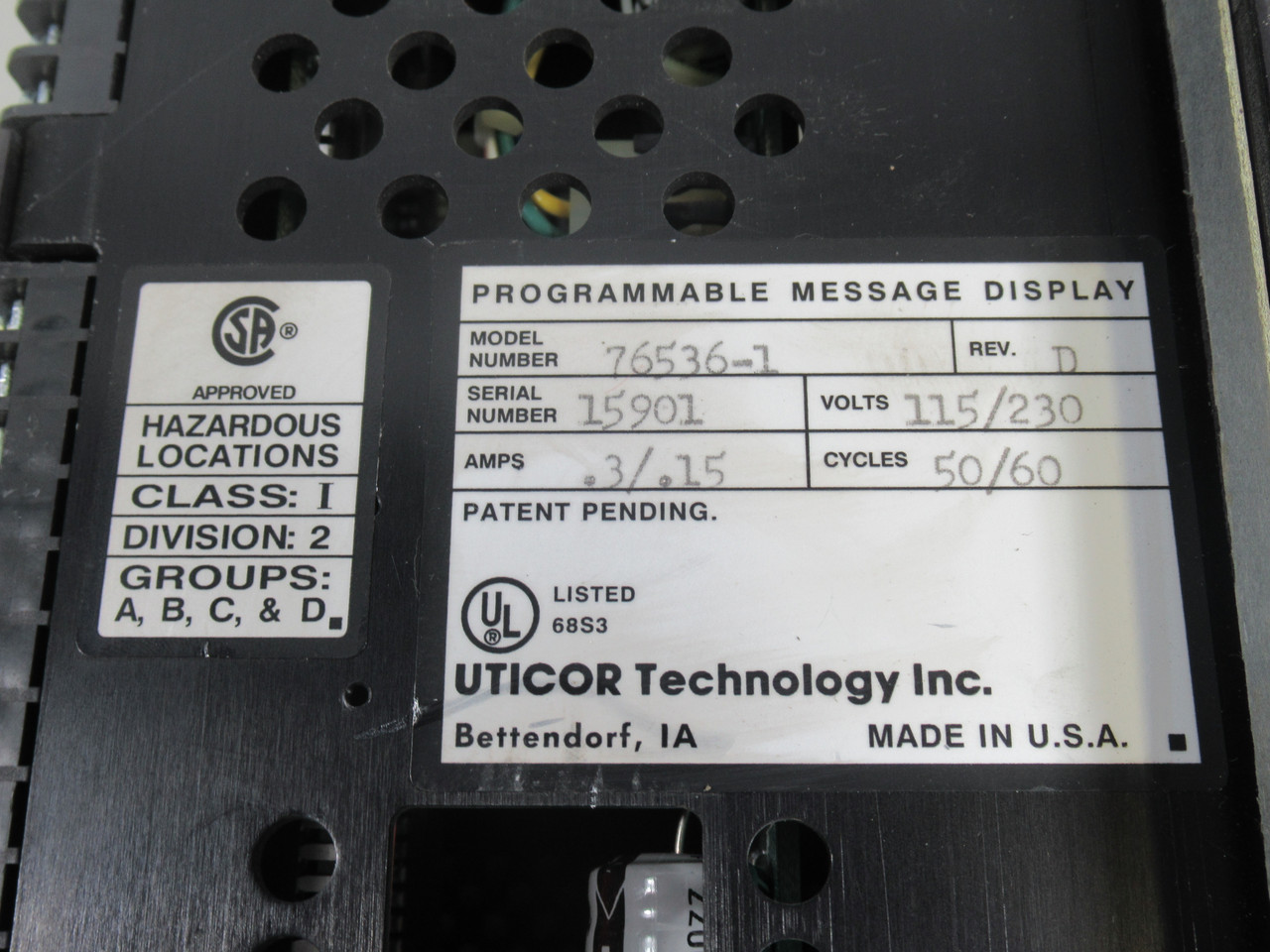 Uticor PMD200 Programmable Msg Display 76536-1 115/230V .3/.15A 50/60Hz USED