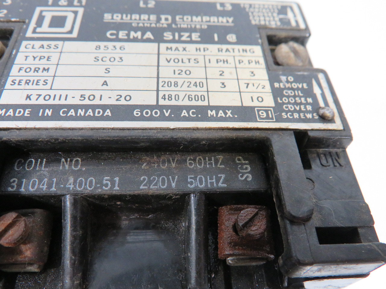 Square D 8536-SCO3-V02 Starter 27A 3Pole 110/120V 50/60Hz Sz1 *Rust* USED