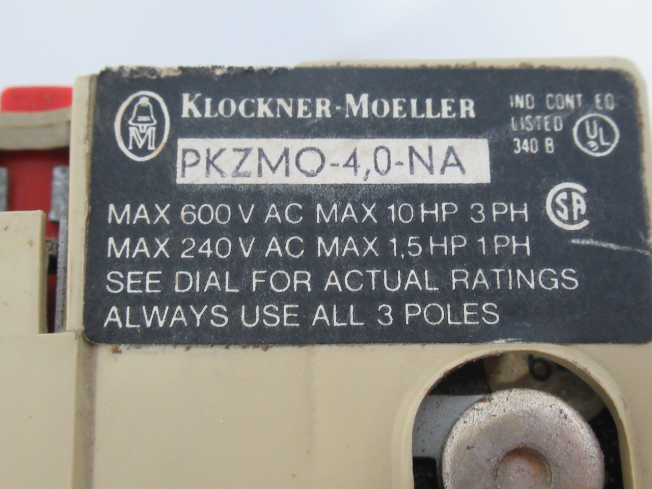 Klockner-Moeller PKZM0-4.0-NA Old Style Thermal Magnetic Circuit Breaker USED