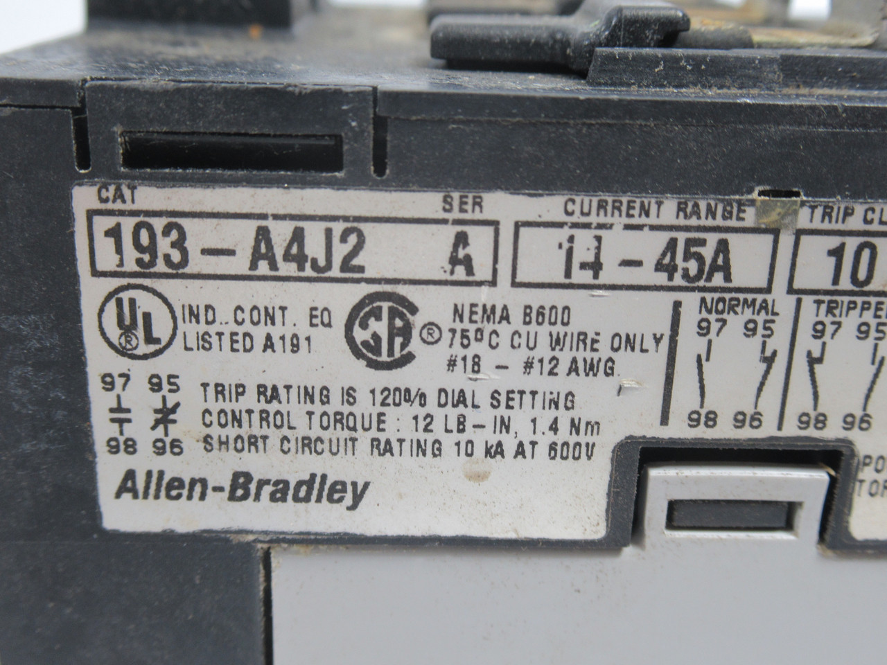 Allen-Bradley 193-A4J2 Overload Relay Series A 14-45A 690V USED