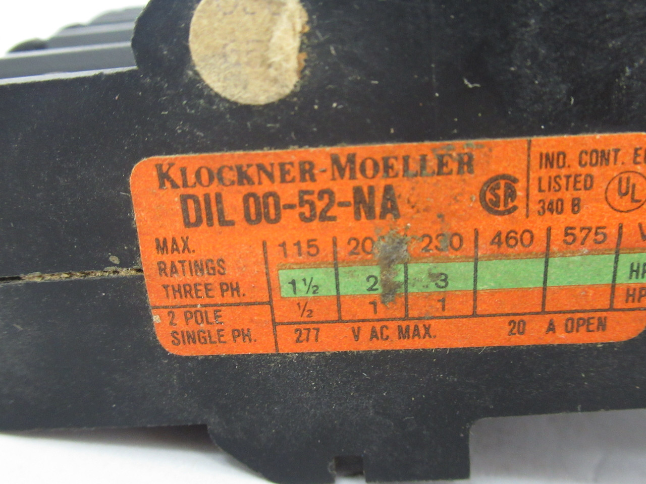 Klockner-Moeller DIL00-52-NA Contactor 240V@60Hz 20A 3P USED