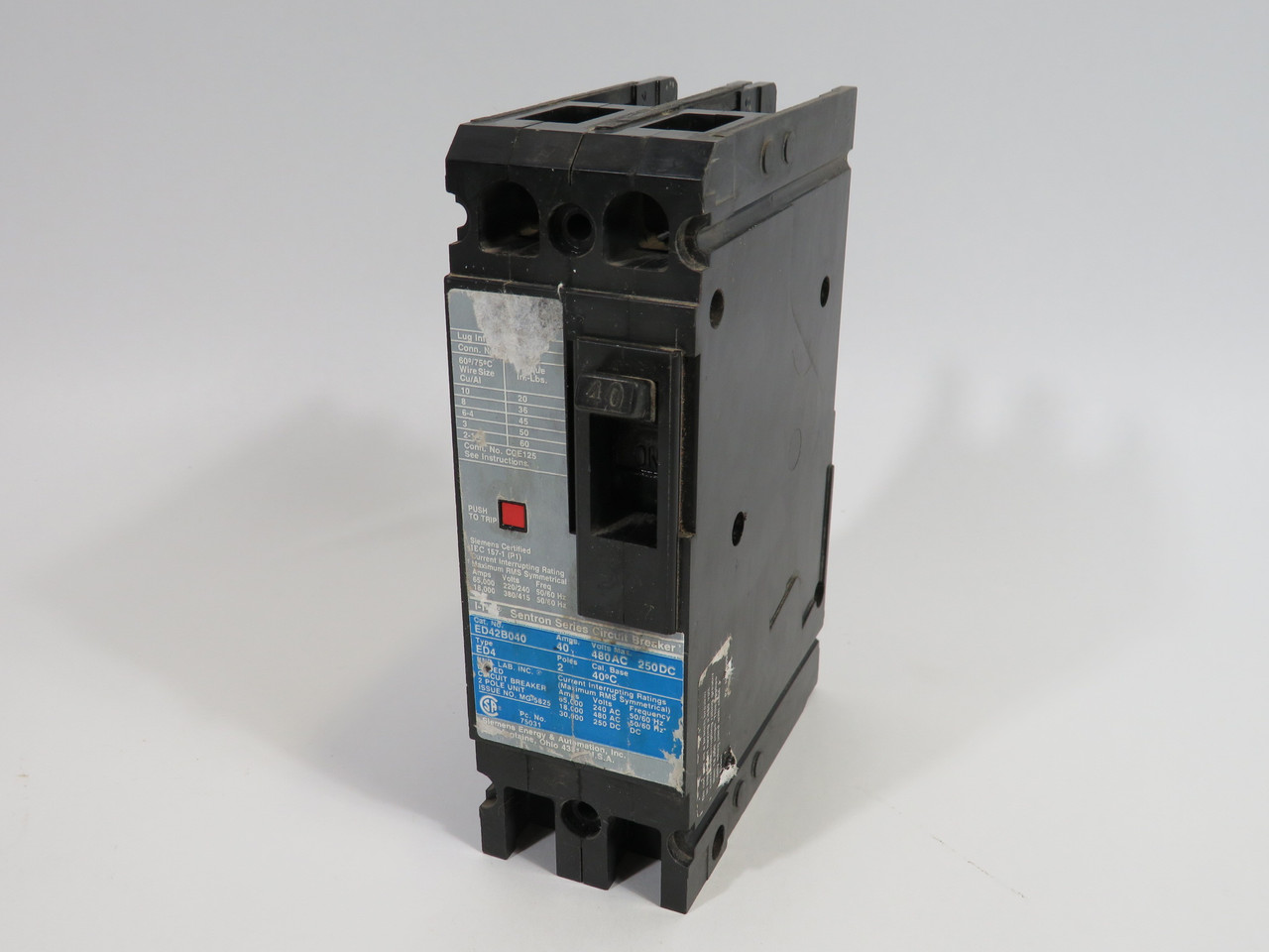Siemens ED42B040 Circuit Breaker 40A 480V 250VDC 2P USED