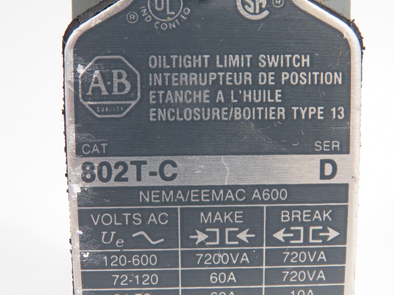 Allen-Bradley 802T-C Series D Limit Switch C/W Z-13956 Head SHELF WEAR USED