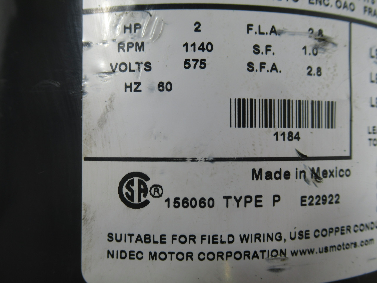 US Motors General Motor 2HP 1140rpm 575V 56 OAO 3Ph *No Feet* USED