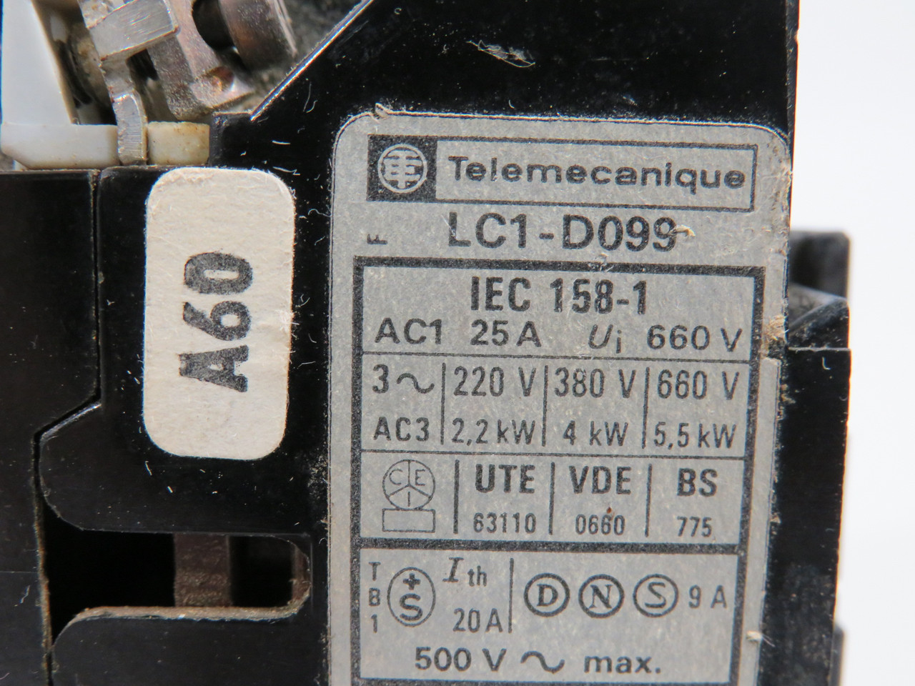 Telemecanique LC1-D099-A60H7 Contactor 110V@50Hz 110-120V@60Hz USED