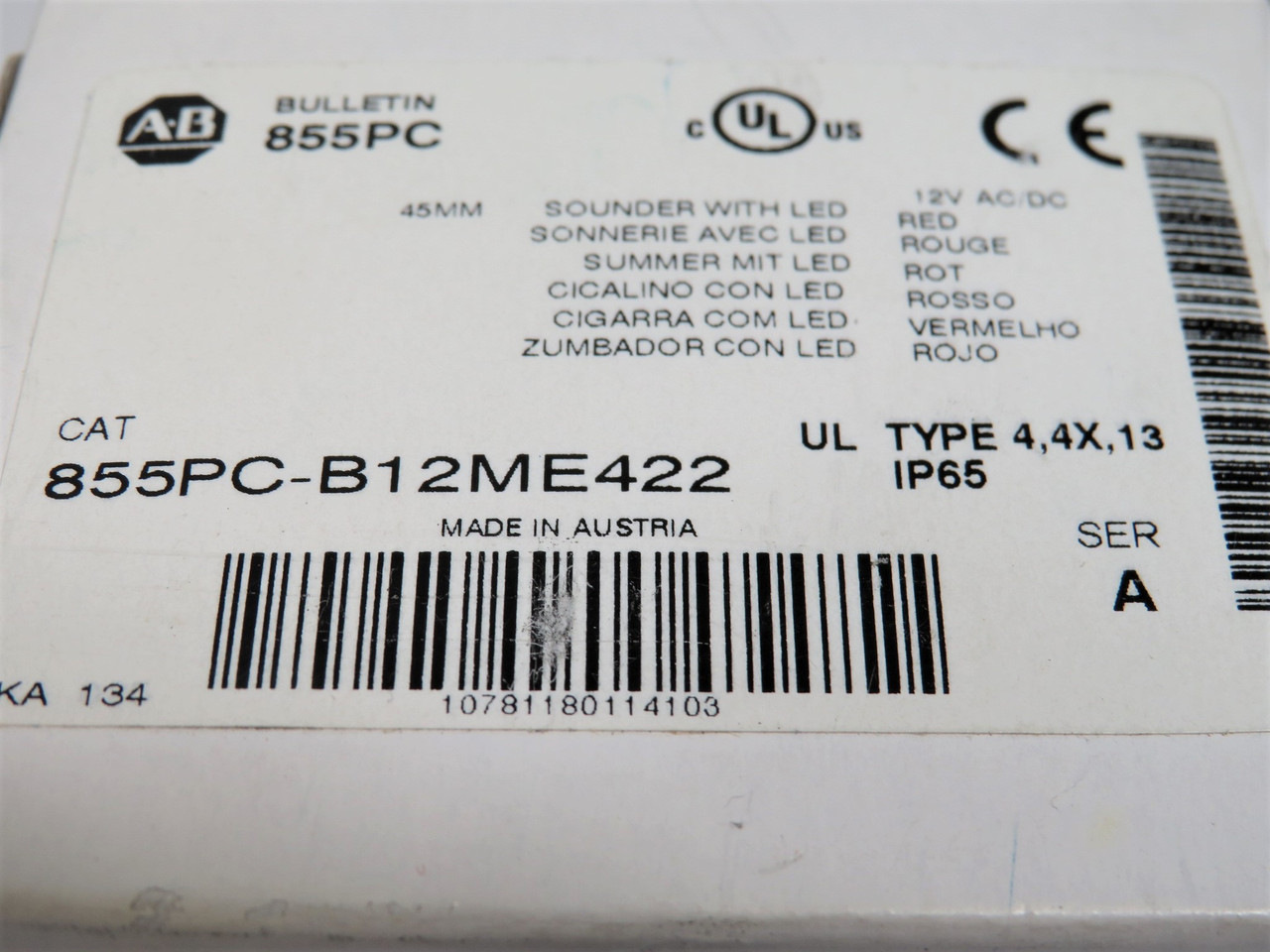 Allen-Bradley 855PC-B12ME422 Ser A Sounder w/ LED 45mm 12VAC/DC Red Lens ! NEW !