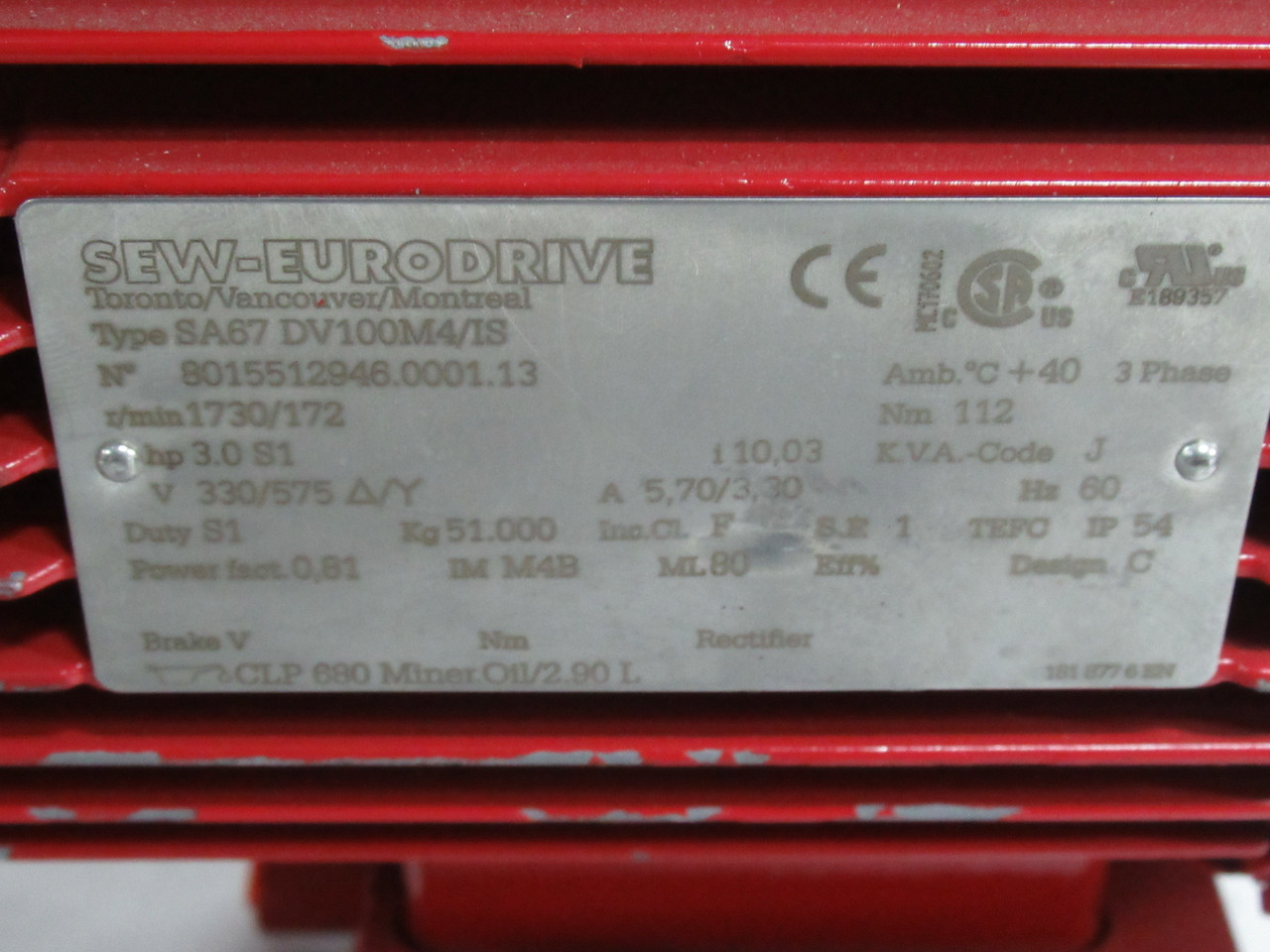 Sew-Eurodrive 3HP 1730RPM 330/575V TEFC C/W Gear Reducer 10.03:1 Ratio USED