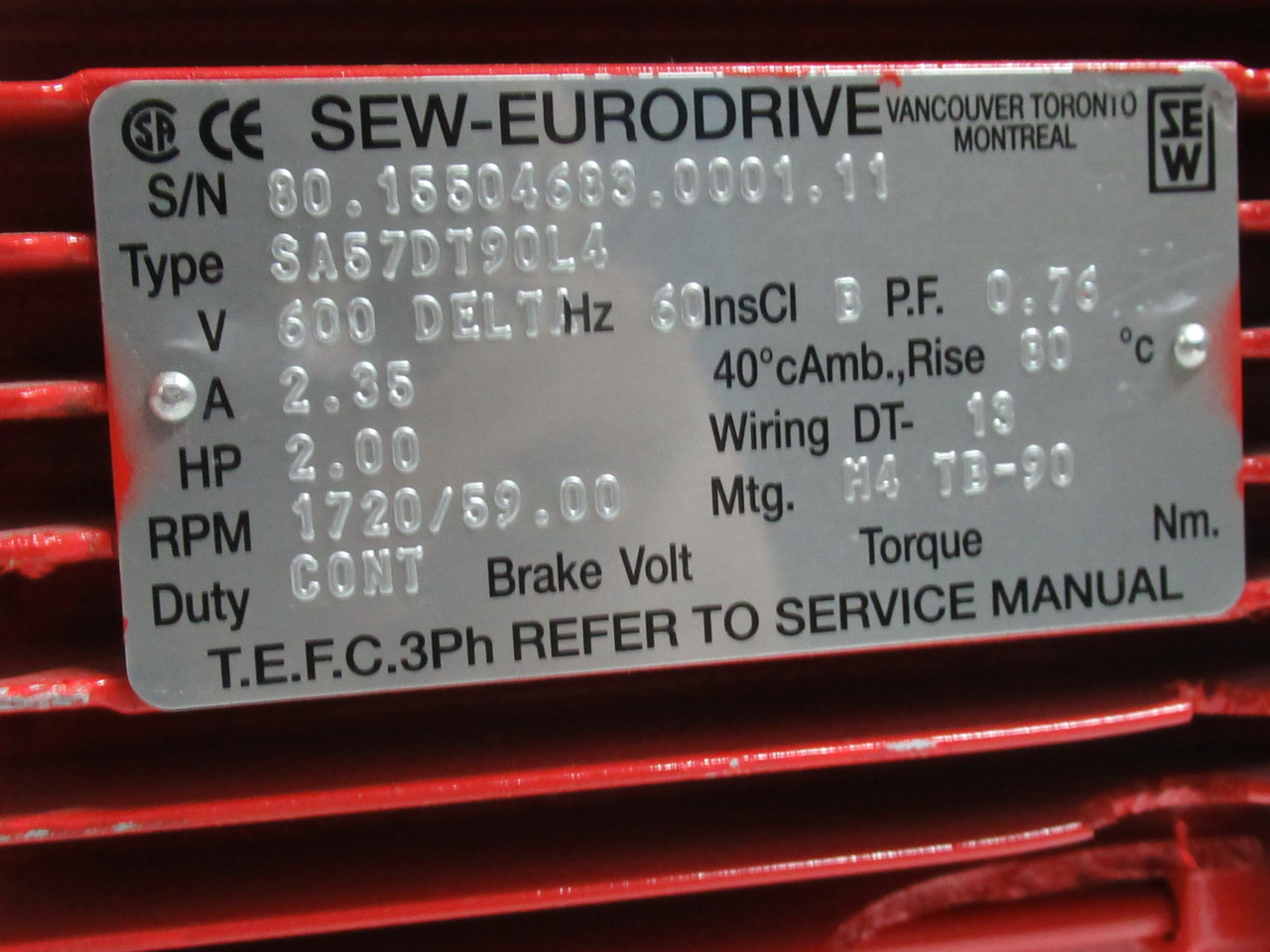 Sew-Eurodrive 2HP 1720RPM 600V TEFC C/W Gear Reducer 29:1 Ratio USED