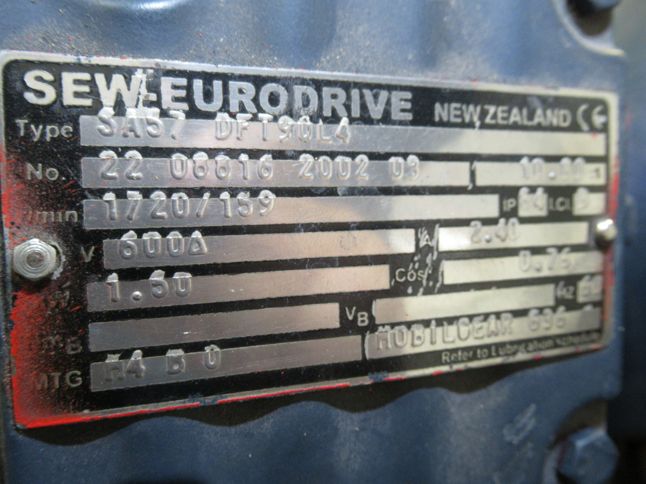 Sew-Eurodrive 1.5kW 1720RPM 600V TEFC C/W Gear Reducer 10.8:1 Ratio USED