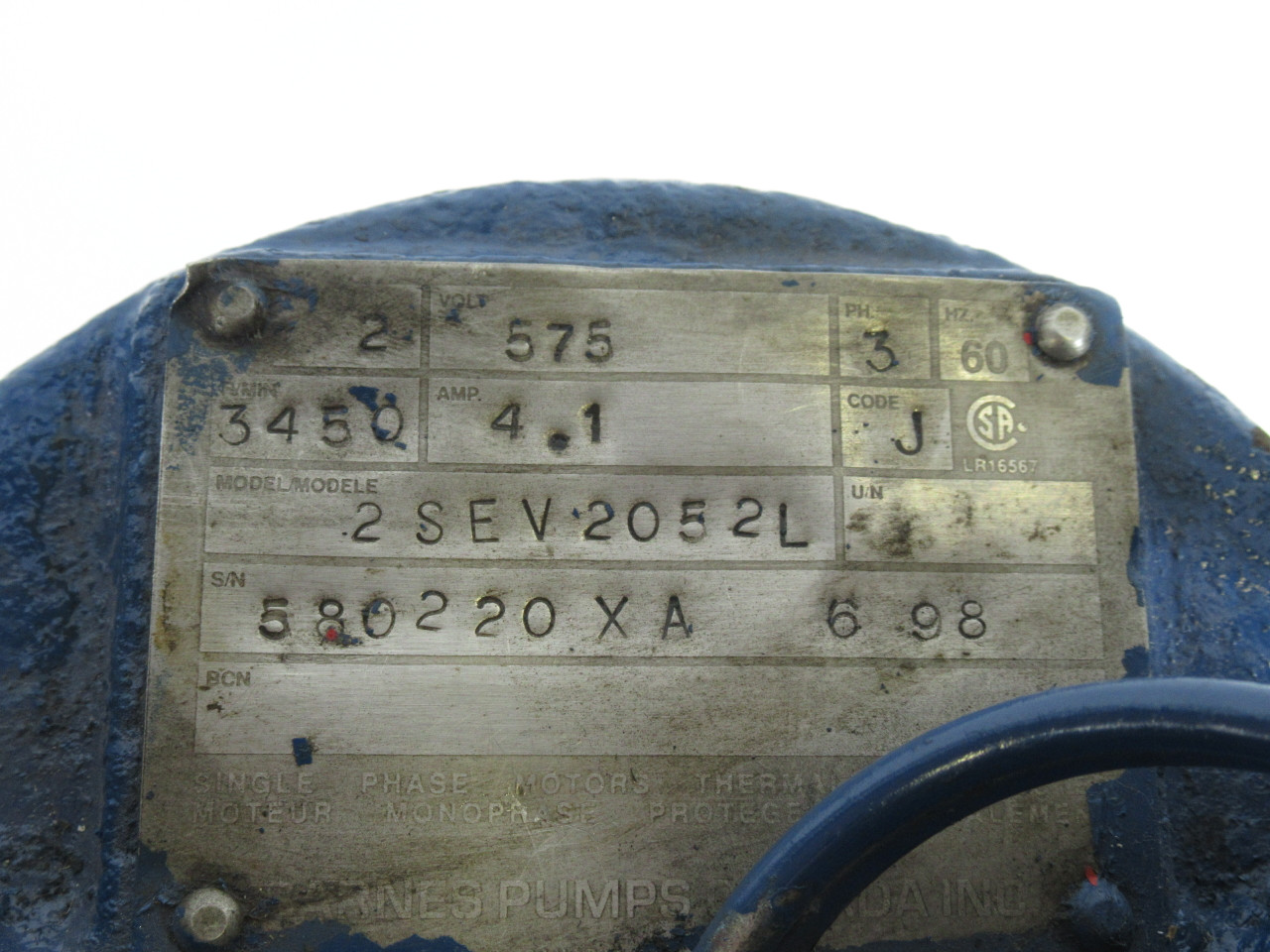 Barnes 2SEV2052L Submersible Sewage Ejector Pump 2HP 575V 3450RPM USED