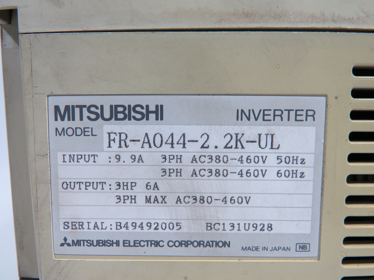 Mitsubishi FR-A044-2.2K-UL Inverter Drive 3HP 3Ph SHELF WEAR USED