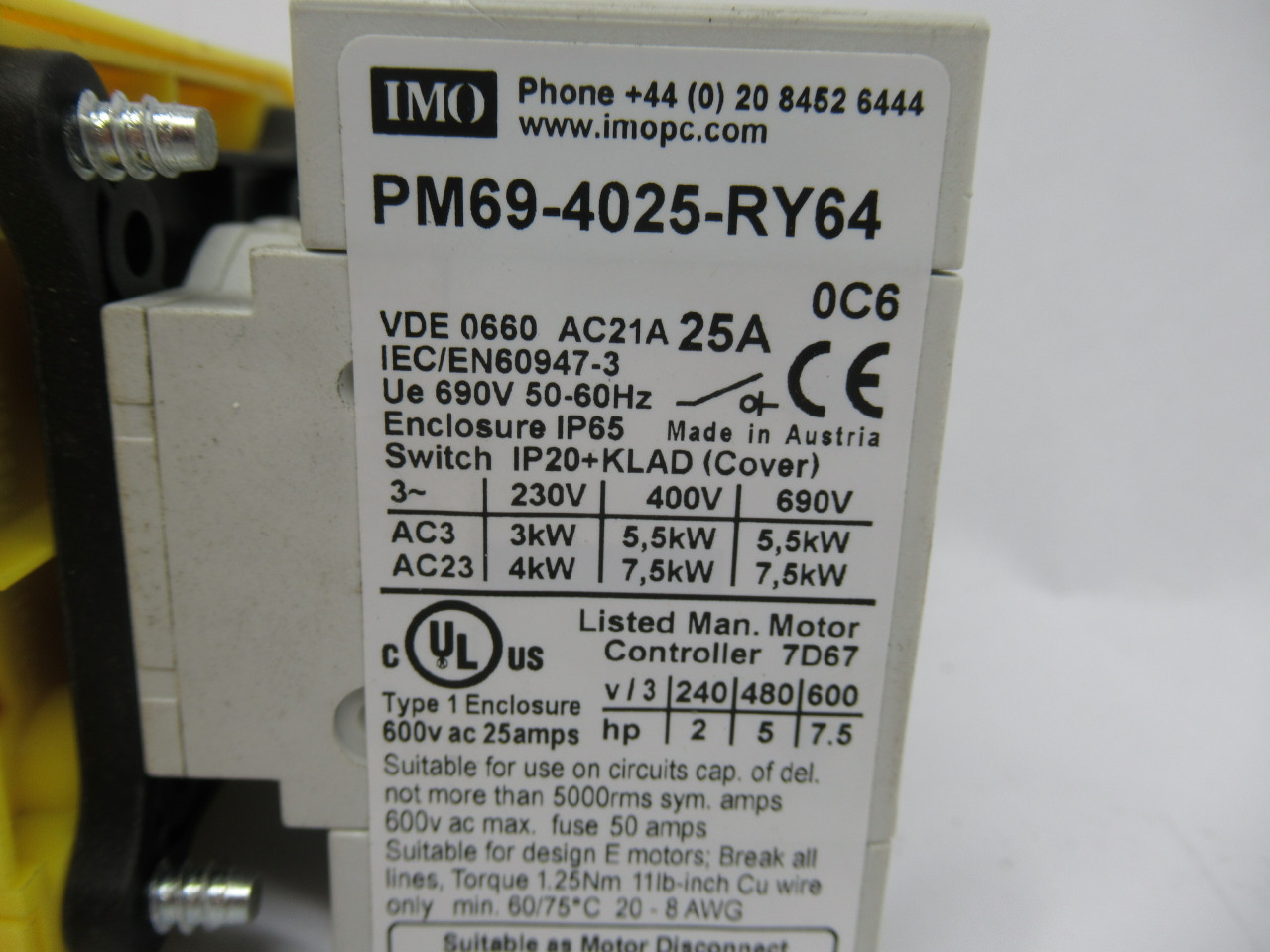 IMO PM69-4025-RY64 AC Disconnect w/Handle 25A 600V 4P USED