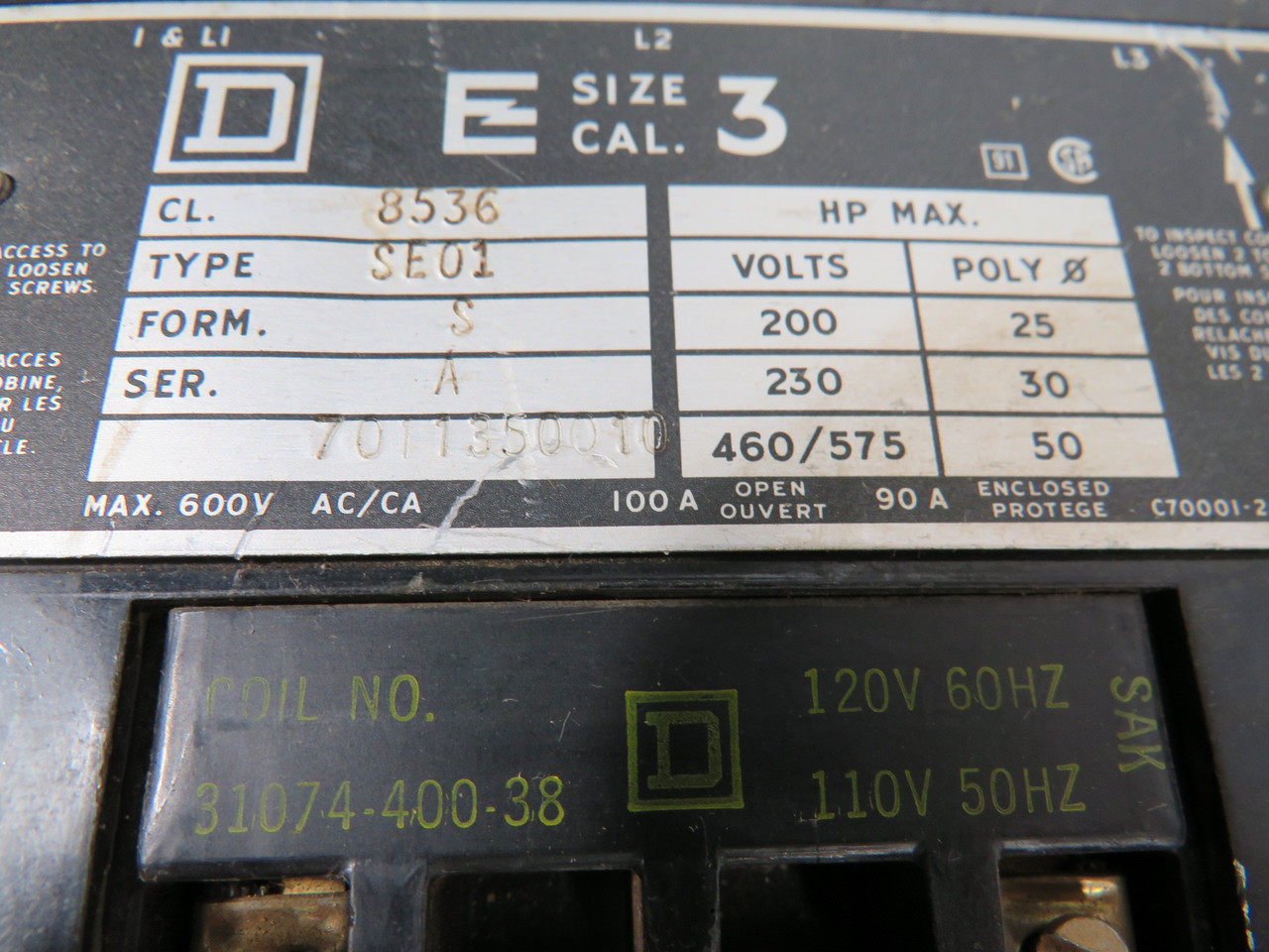 Square D 8536-SEO1-V02 Starter 3-Pole 460/575VAC 50HP SHELF WEAR USED