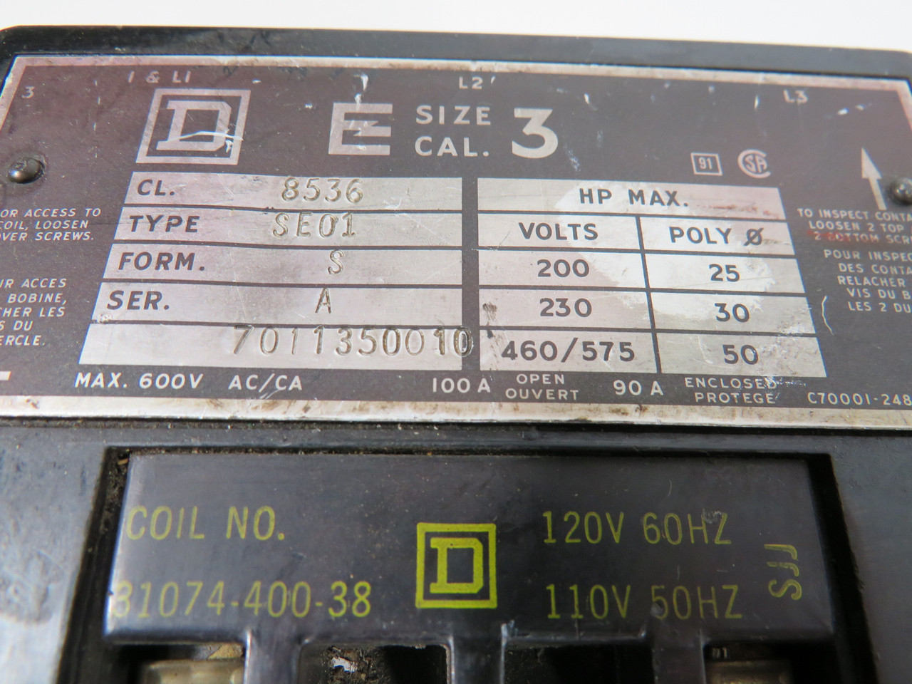 Square D 8536-SEO1-V02 Starter 3-Pole 460/575VAC 50HP COS. DMG. USED