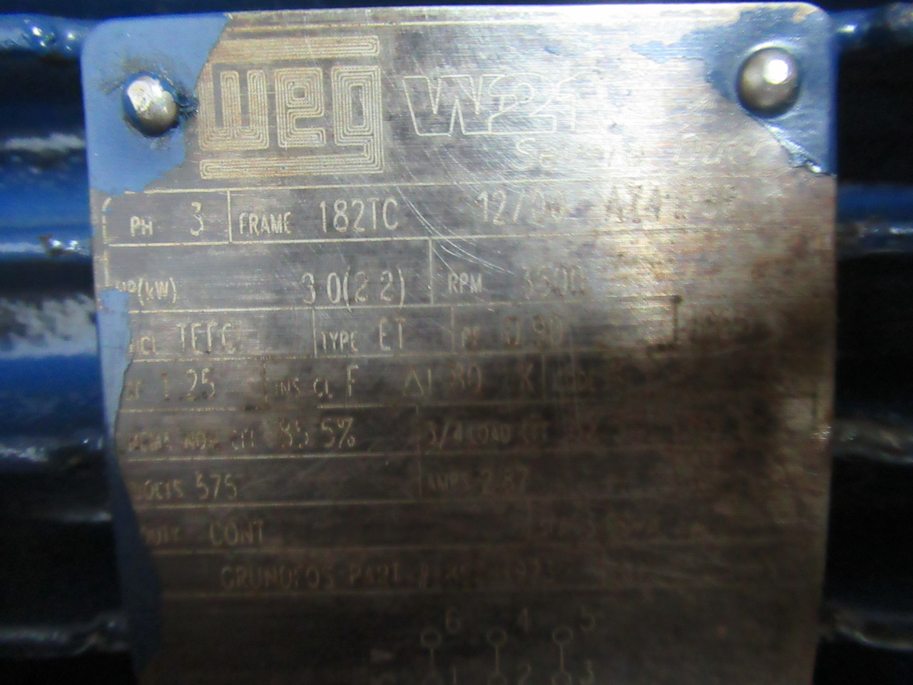 Weg 3HP 3500RPM 575V 182TC TEFC 3Ph 2.87A 60Hz COS DMG USED