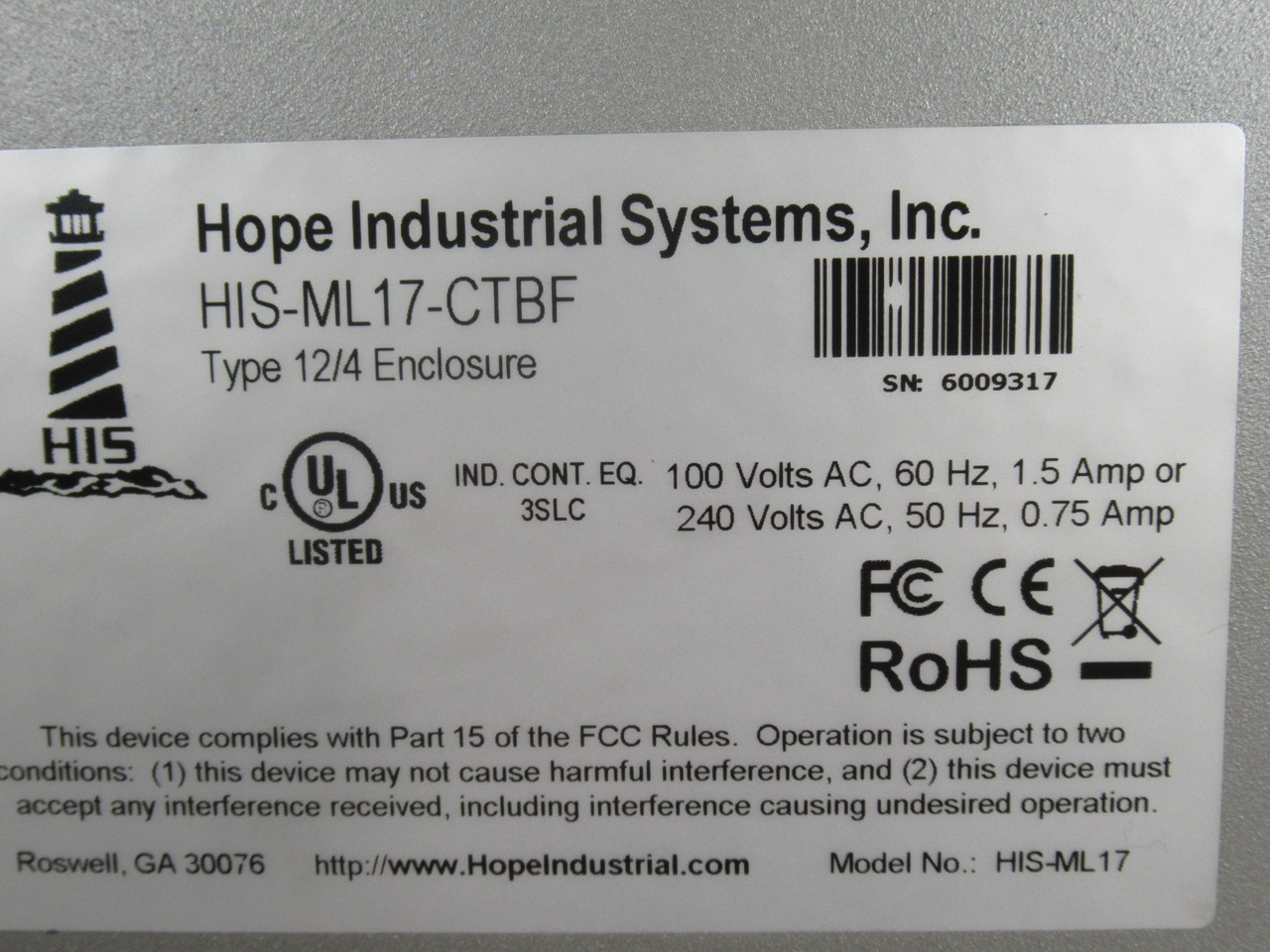 Hope Industrial HIS-ML17-CTBF 17" Monitor Touch Screen w/Cables & Mount USED