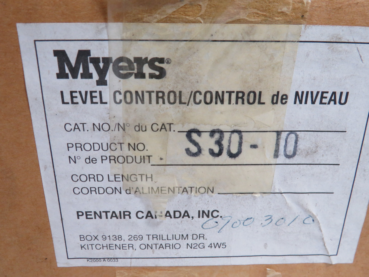 Myers S30-10 Float Switch 120/240V 10A 8m Cord SHELF WEAR ! NEW !