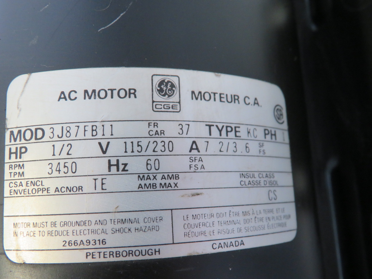 CGE 3J87FB11 AC Motor 1/2HP 3450RPM 115/230V 37 TE 1Ph SHELF WEAR USED