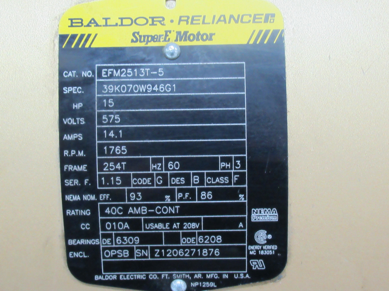 Baldor EFM2513T-5 Motor 15HP 1765RPM 575V 254T OPSB 3Ph 14.1A 60Hz USED