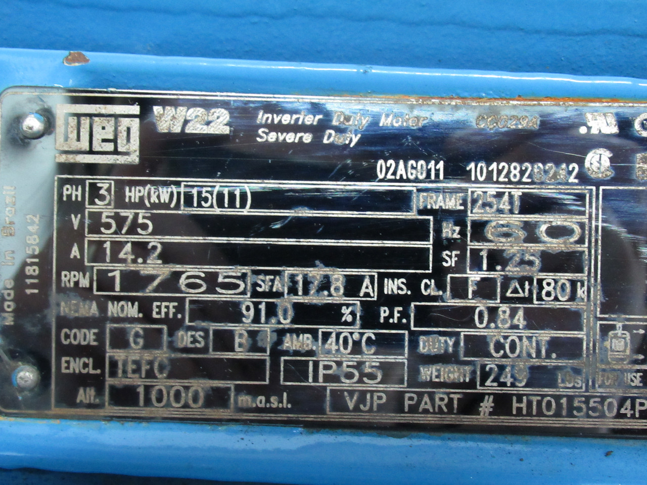 Weg Inverter/Severe Duty 15HP 11kW 1765RPM 575V 254T TEFC 3Ph 14.2A 60Hz USED