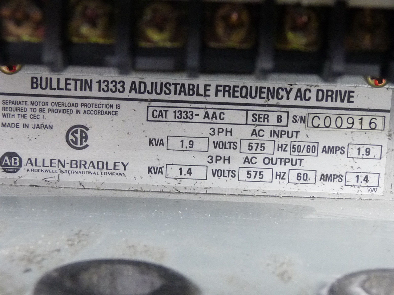 Allen-Bradley 1333-AAC Series B Adjustable Frequency AC Drive 575V 3Ph USED