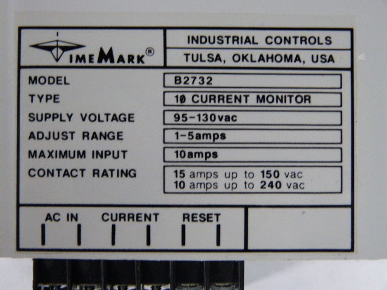 TimeMark Corp B2732 Single Phase Current Monitor 90-130V USED