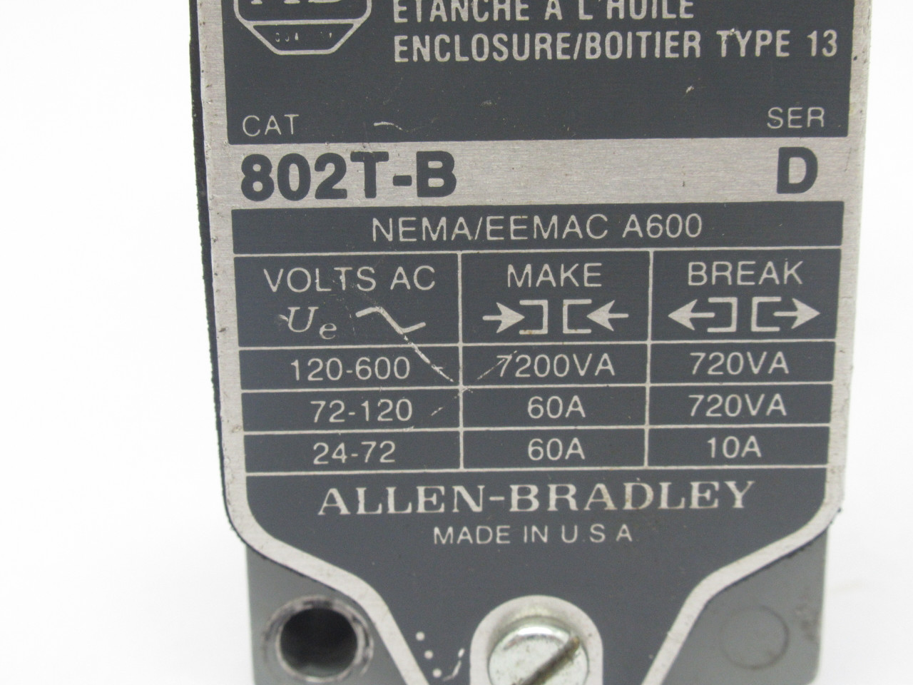 Allen-Bradley 802T-B Series D Limit Switch w/Z-13949 Head 72-600V 60/10A USED