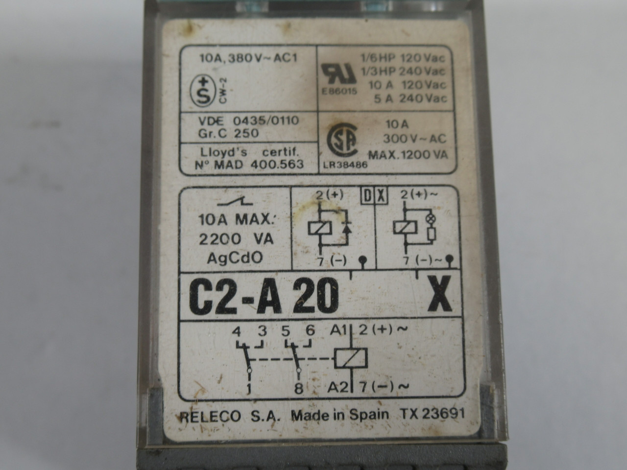 Releco C2-A20X/120VAC Plug In Relay 120VAC 60Hz 8-Pin USED