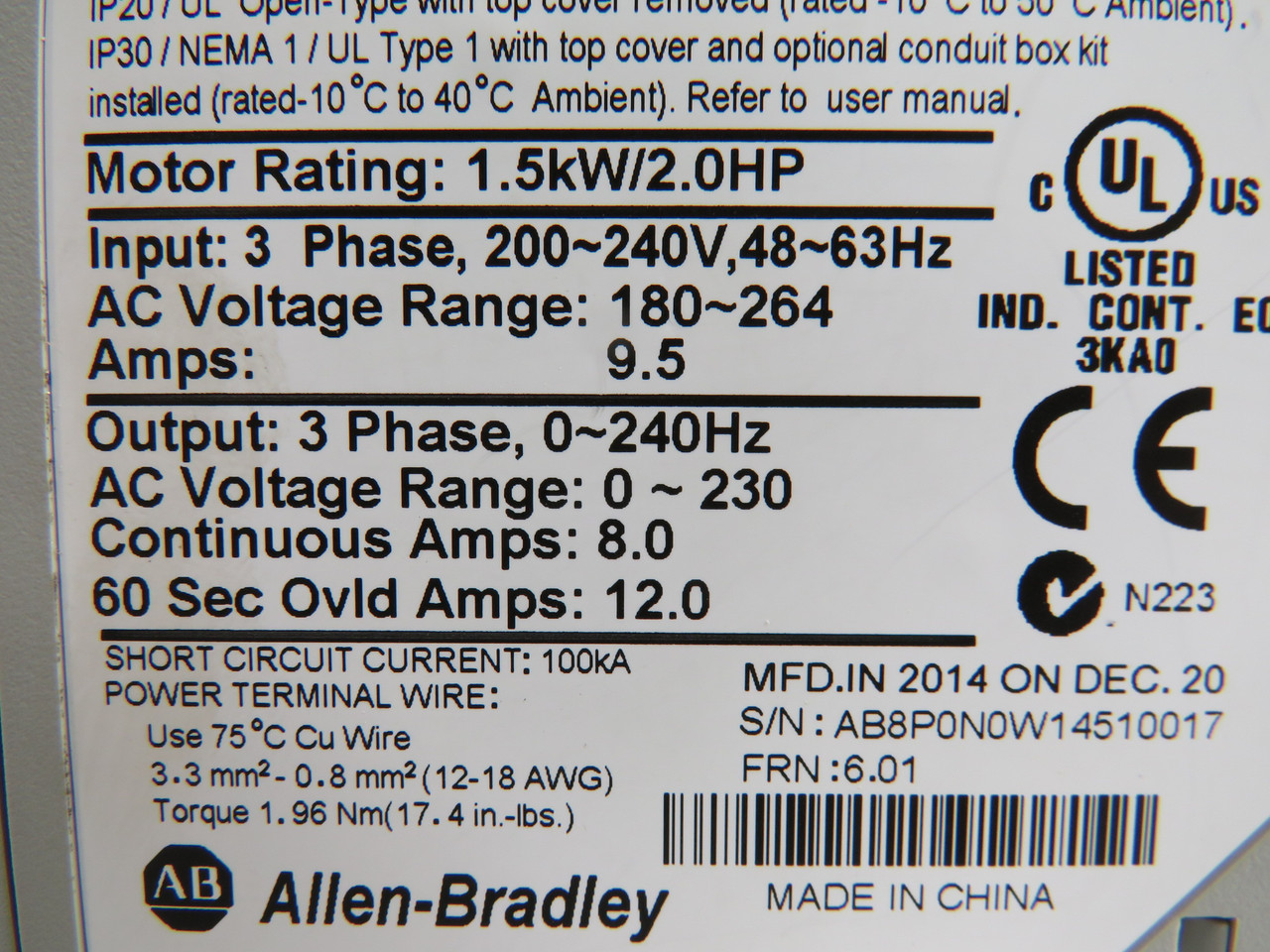 Allen-Bradley 22A-B8P0N104 Series A PowerFlex Drive FRN 6.01 2HP 3Ph 8A ! NEW !