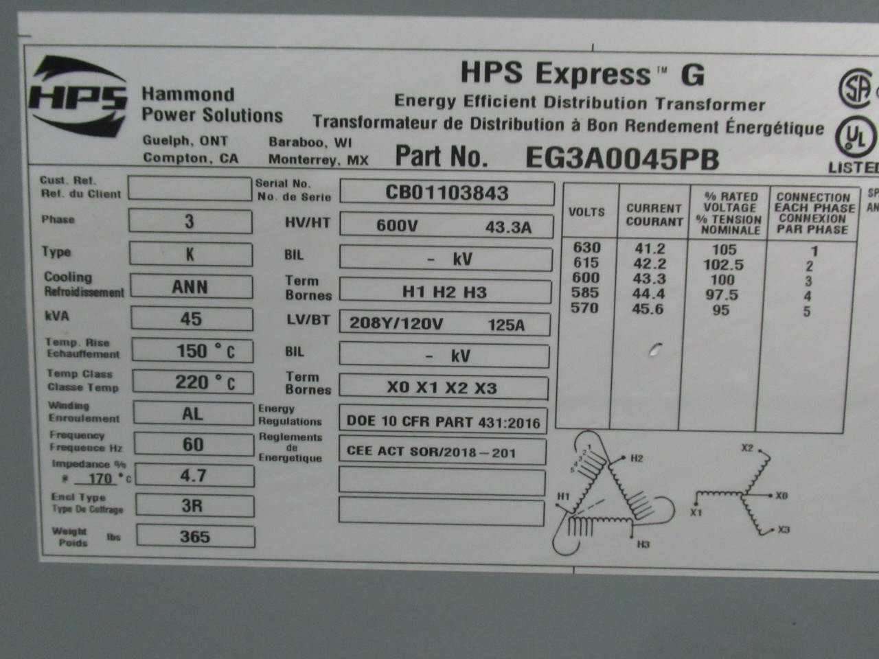 HPS EG3A0045PB Transformer 45KVA Pri 600V Sec 208/120V 3Ph USED