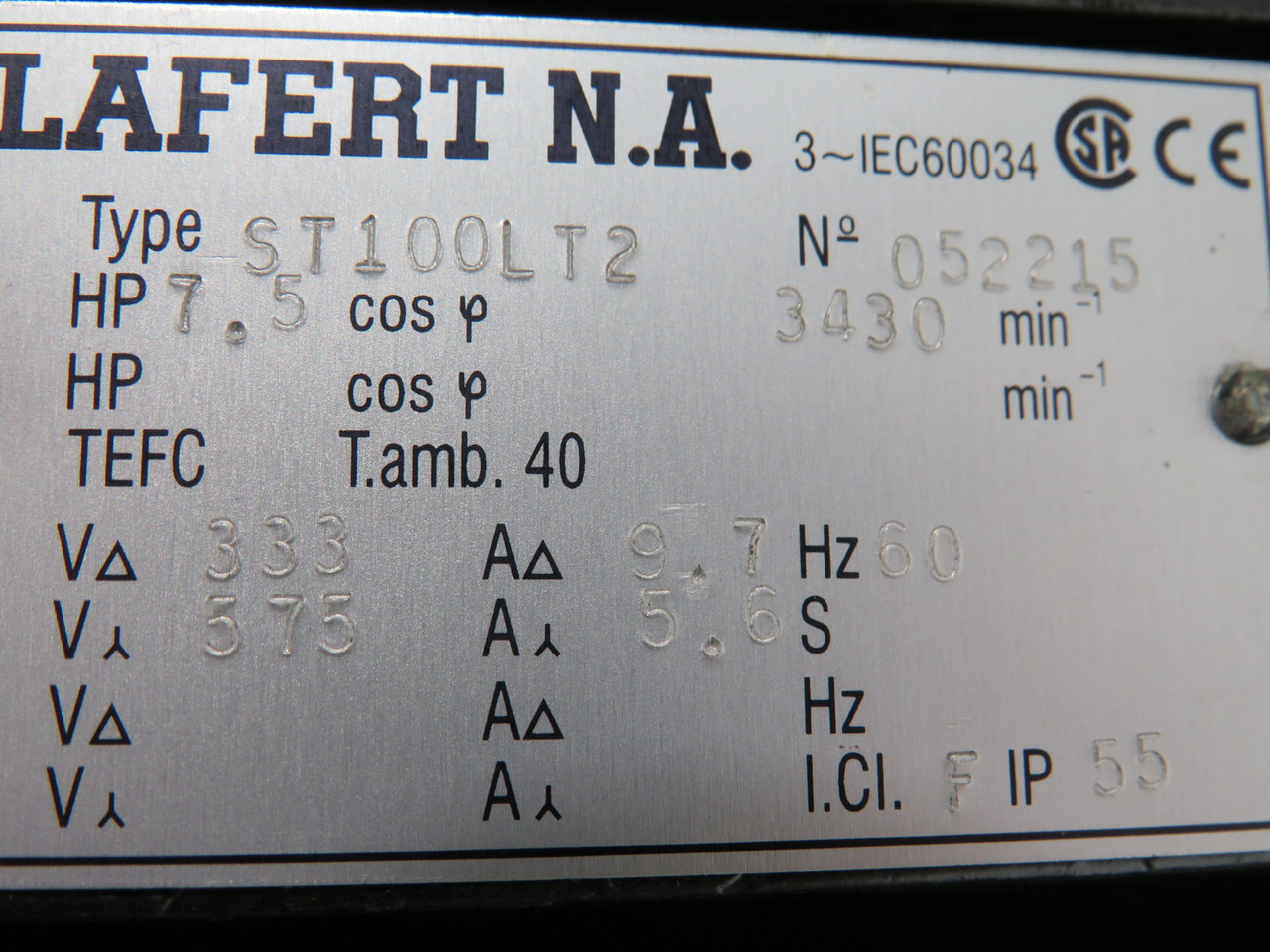 Lafert 7.5HP 3430RPM 333/575V TEFC 3Ph 9.7/5.6A 60Hz SHELF WEAR ! NOP !