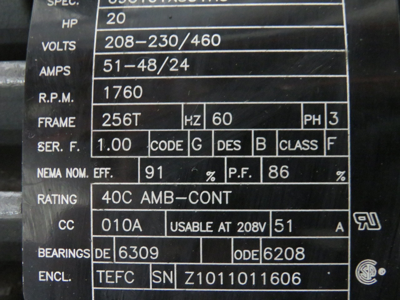 Baldor 20HP 1760RPM 208-230/460V 256T TEFC 3Ph 51-48/24A 60Hz SHELF WEAR ! NOP !