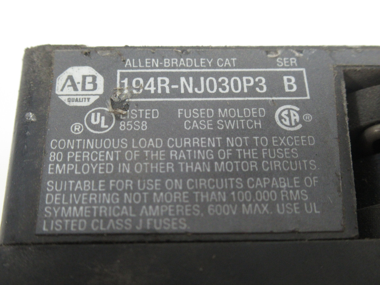 Allen-Bradley 194R-NJ030P3 Disconnect Switch Series B 30A 7" Shaft USED
