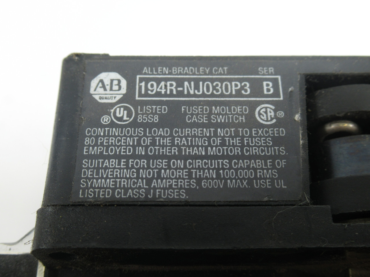 Allen-Bradley 194R-NJ030P3 Disconnect Switch Series B 30A 9-3/4" Shaft USED