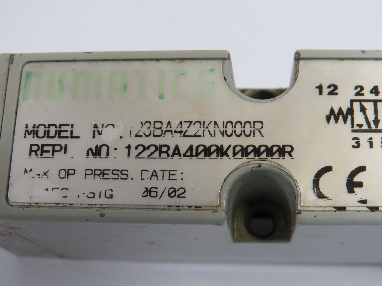 Numatics 122BA400K0000R Solenoid Valve 110-120V 50/60Hz 150psi USED