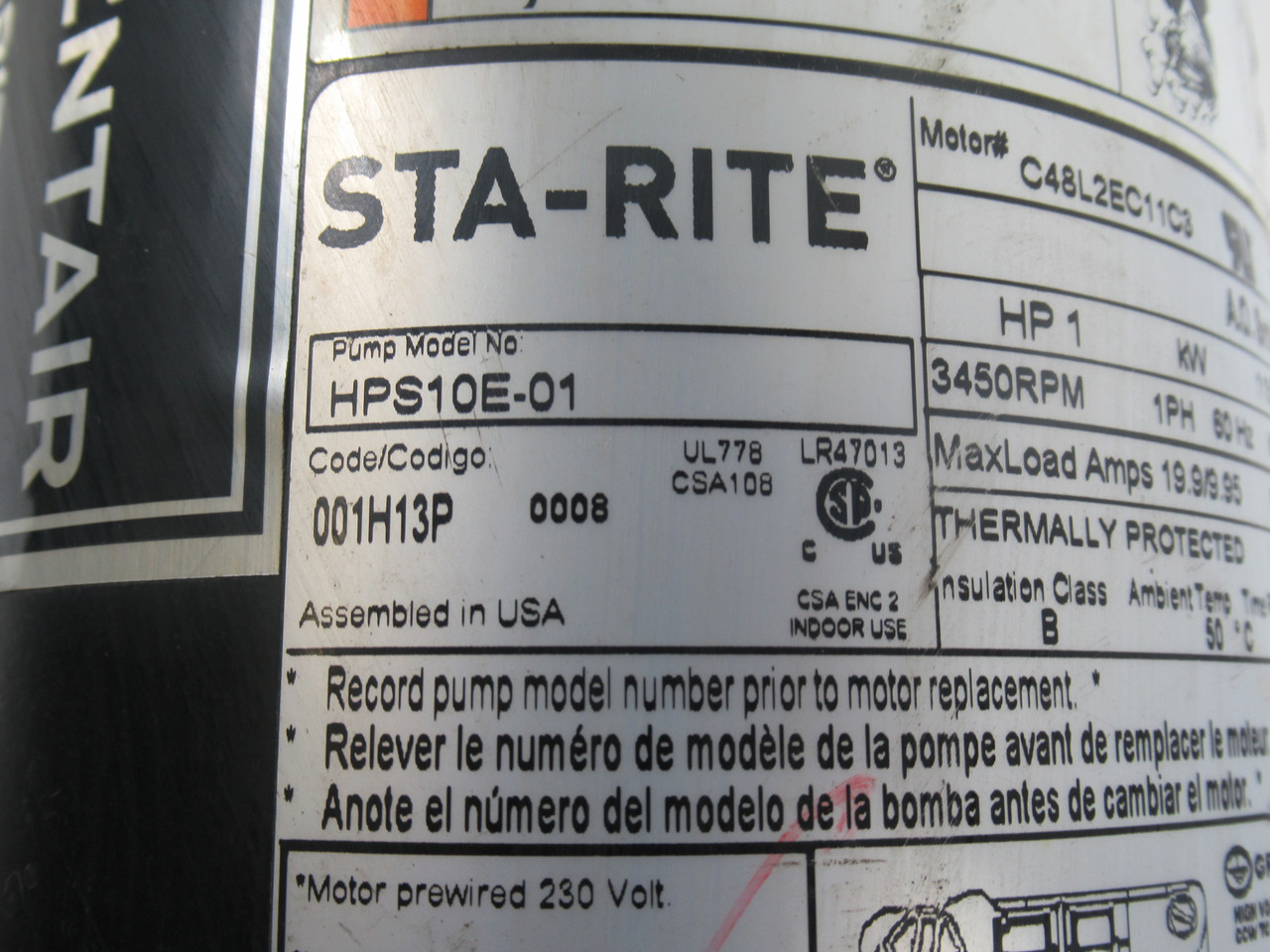 Sta-Rite HPS10E-01 1HP 3450RPM 115/230V 1Ph 19.9/9.95A 60Hz USED