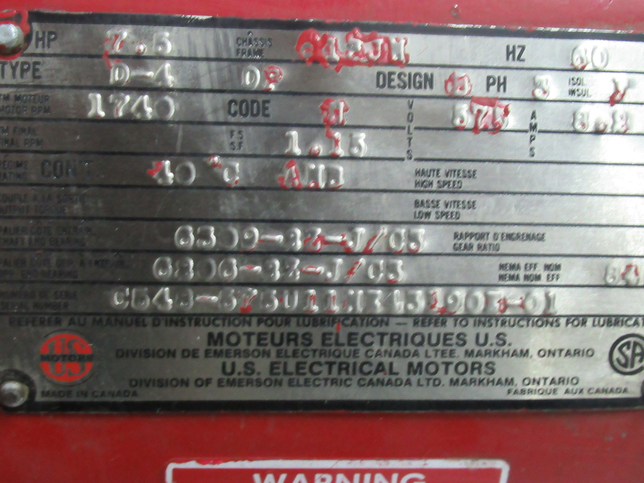 Armstrong 930302-011 Pump C/W U.S Motors 7.5HP 1740RPM 575V 8.2A USED