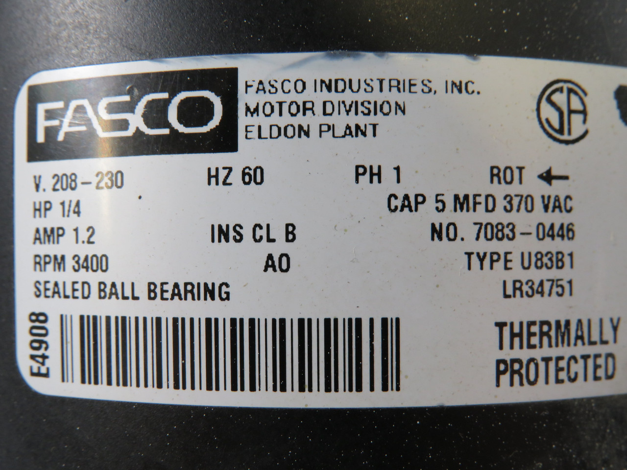 Fasco Blower Motor 1/4HP 3400RPM 208-230V 1Ph 1.2A 60Hz MISSING PLATE USED