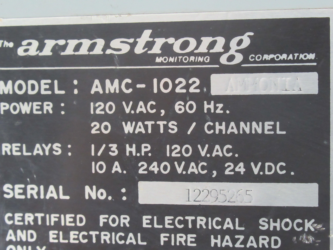 Armstrong AMC-1022-AMMONIA Ammonia Gas Monitor 120V 60Hz 20W RUST USED