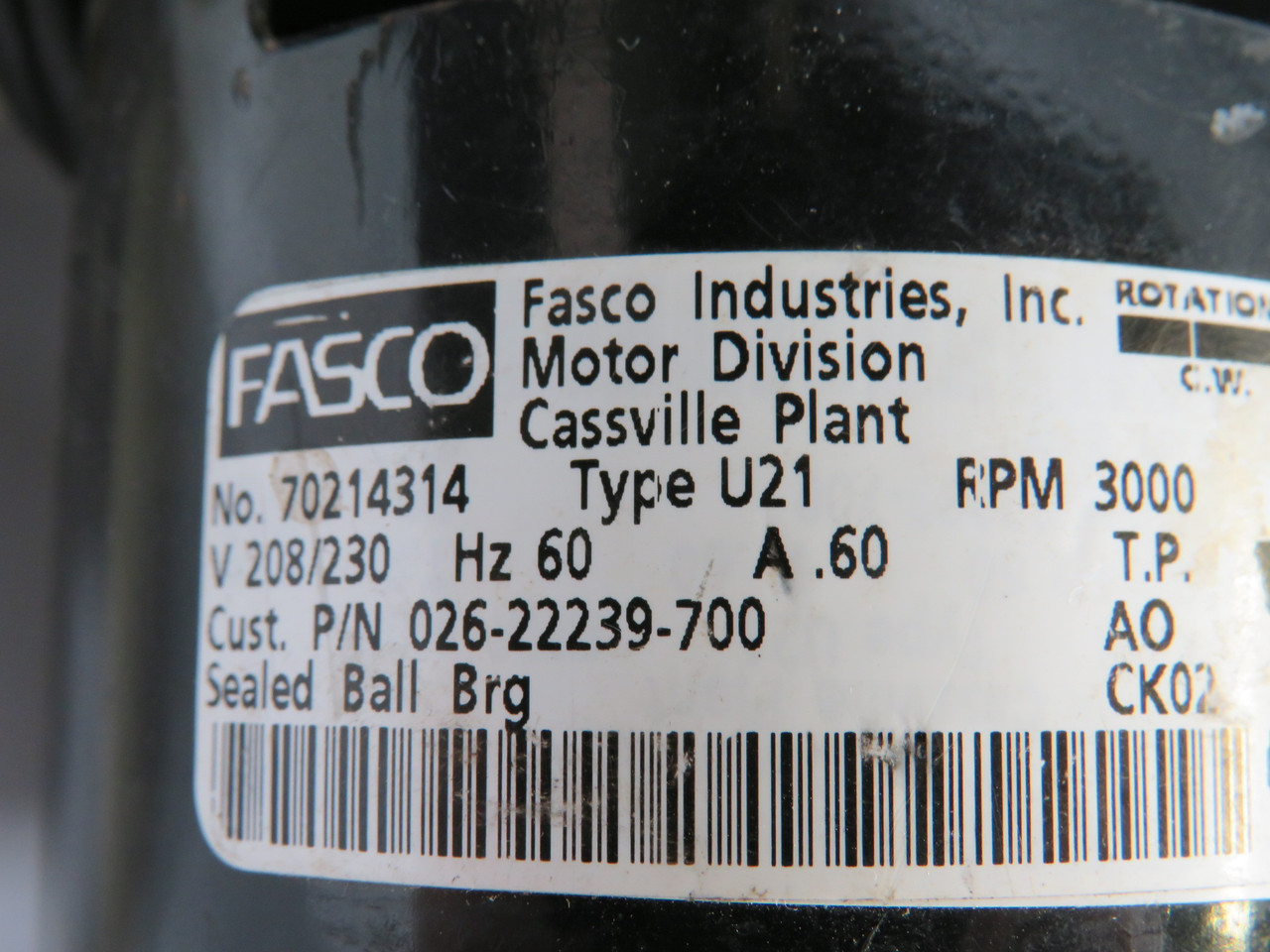Fasco Blower Motor 3000RPM 208/230V 0.60A 60Hz SHELF WEAR USED