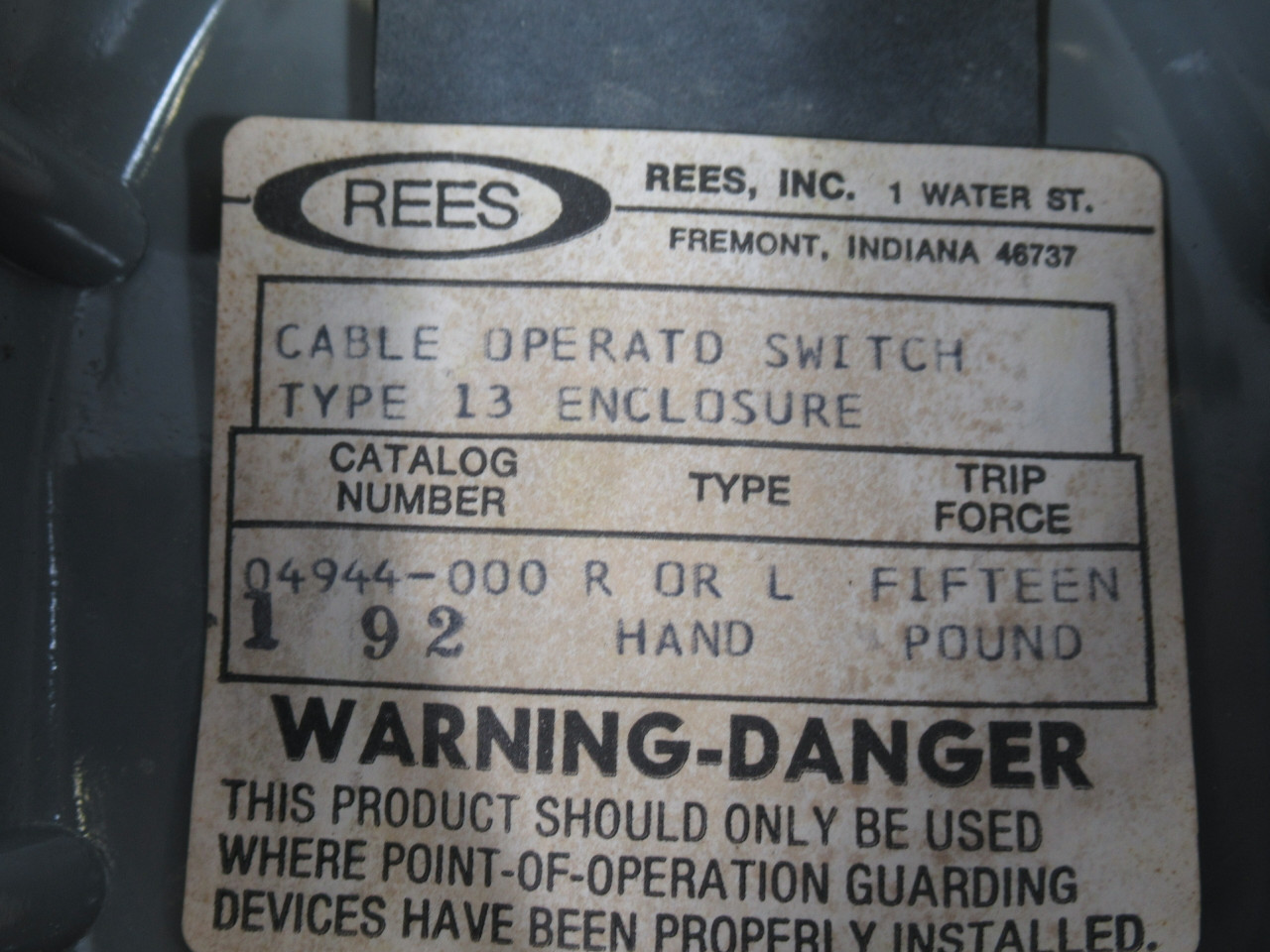 Rees 04944-000R Cable Operated Switch w/Light *Damage to Enclosure* USED