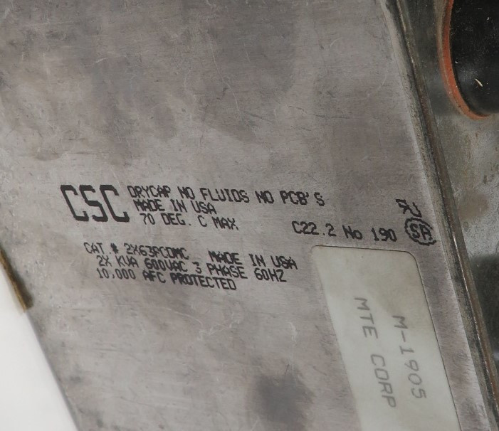 Sprague 2X63BCDMC Capacitor 2000KVA 600V 3Ph 60Hz MTE M-1905 USED