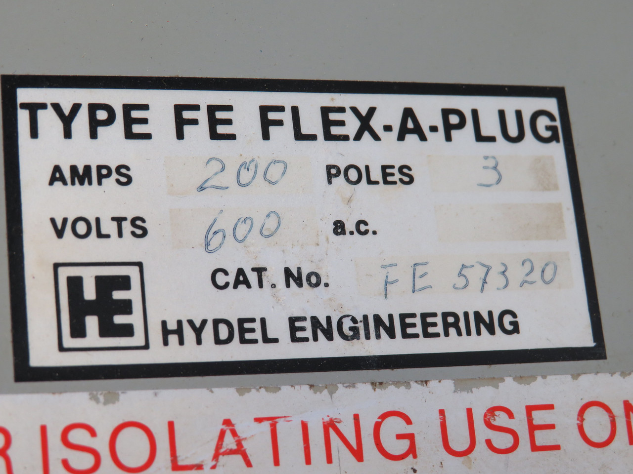 Hydel FE57320 Flex-A-Plug Fusible Disconnect 200A 600V 3P COSMETIC DMG. USED