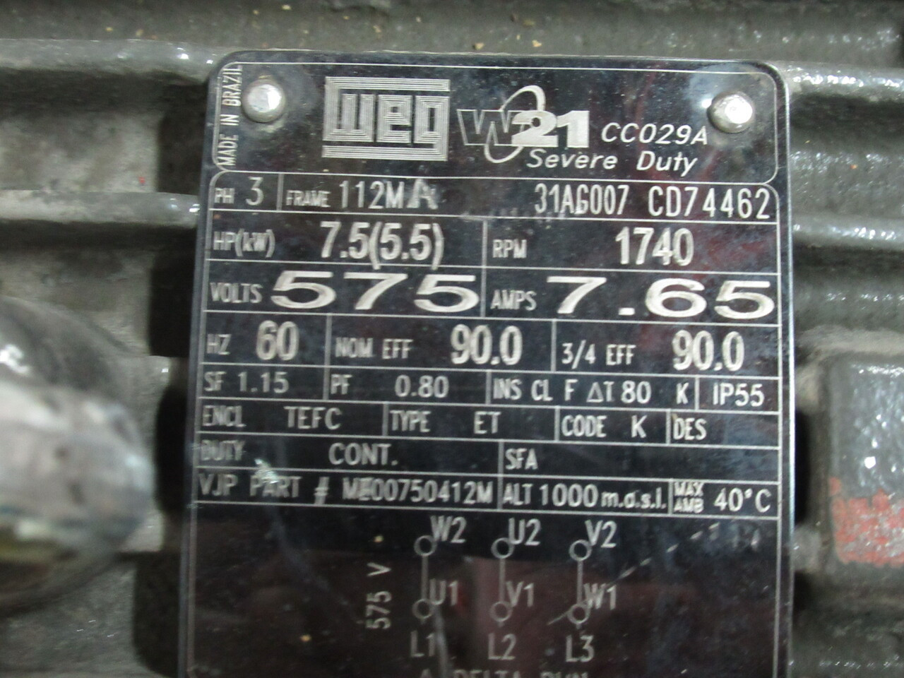 Weg CC029A 7.5HP 1740RPM 575V 112MA TEFC 3Ph 7.65A 60Hz USED
